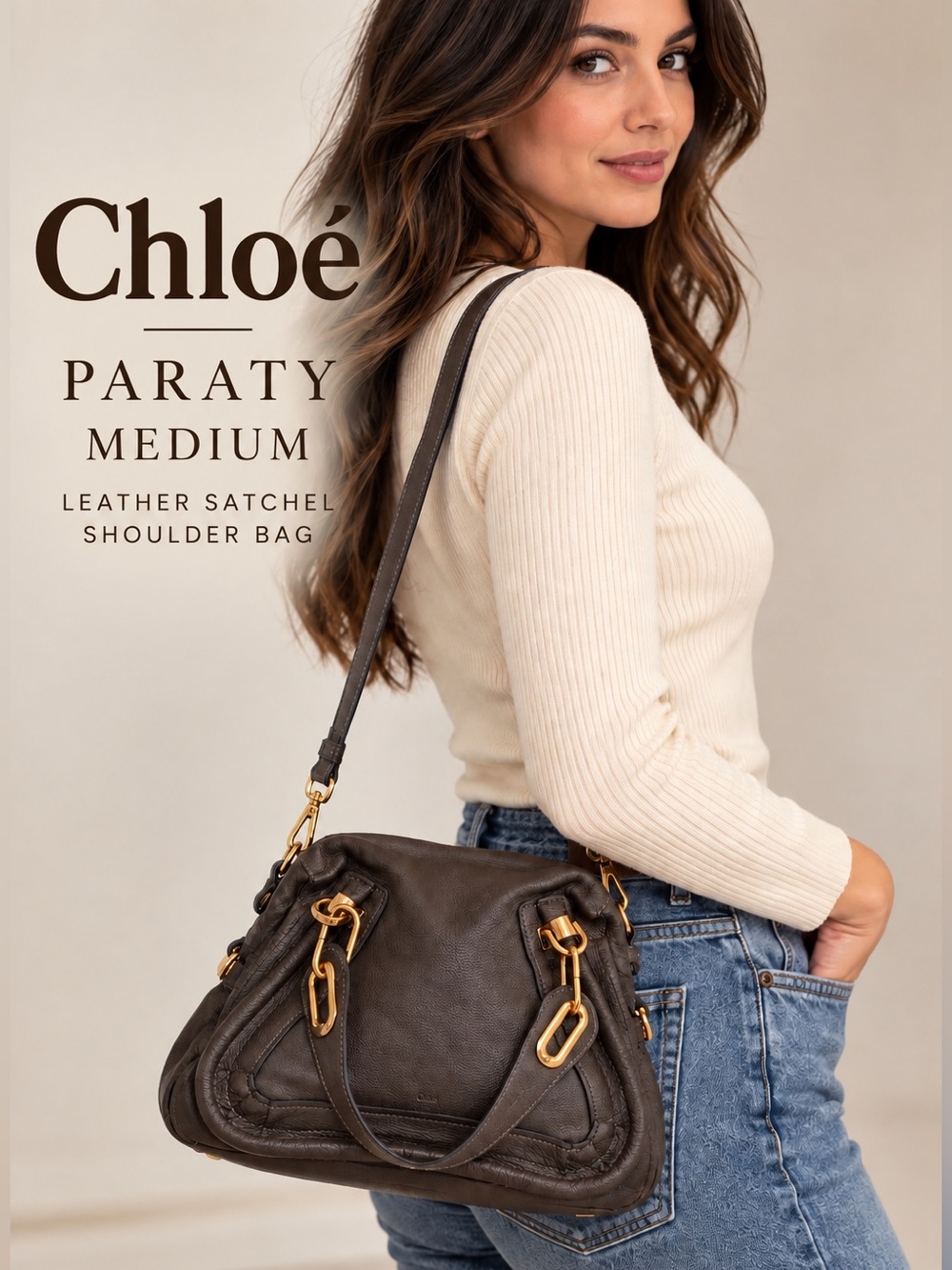 Chloé Paraty Medium Leather Satchel Shoulder Bag Brown/Taupe Gold GUC✨